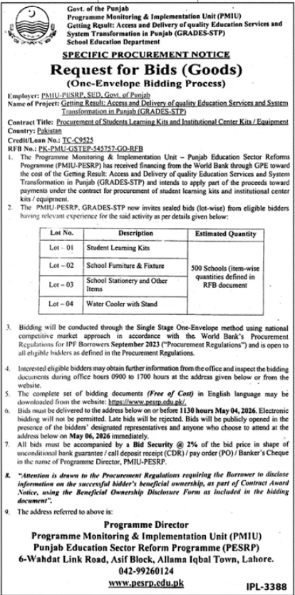 Procurement of Students Learning Kits and Institutional Center Kits / Equipment - Programme Monitoring & Implementation Unit (PMIU), Punjab Education Sector Reform Programme (PESRP), School Education Department, Govt. of the Punjab