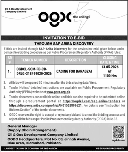 INVITATION TO E-BID - CASING FOR BARAGZAI - Oil & Gas Development Company Limited (OGDCL)