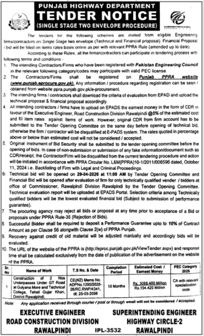 Construction of Underpasses Under GT Road at Khayaban-e-Quaid-e-Azam Gate, Gulyana Mor and Tehsil Gujar Khan, District Rawalpindi