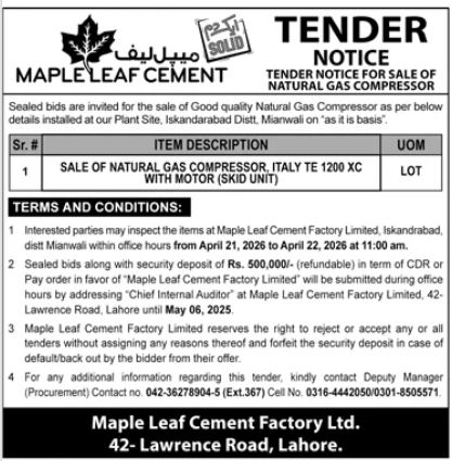 TENDER NOTICE FOR SALE OF NATURAL GAS COMPRESSOR - Maple Leaf Cement Factory Limited