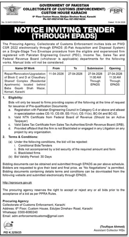Repair/Renovation/Upgradation of Block C and D at Chaudhary Shareef Complex (Residential Apartments) located behind Baba Gayeb Shah Mazar, Kemari, Karachi