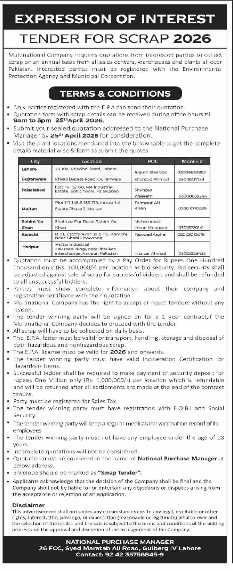  TENDER FOR SCRAP 2026 -  Multinational Company