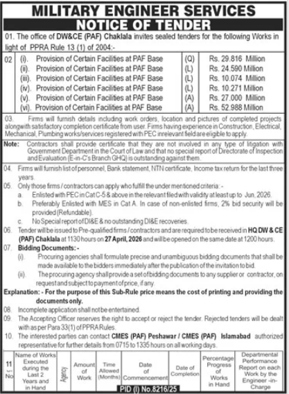 NOTICE OF TENDER for Provision of Certain Facilities at PAF Base - The office of DW&CE (PAF) Chaklala