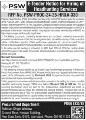 E-Tender Notice for Hiring of Headhunting Services - Pakistan Single Window (PSW)