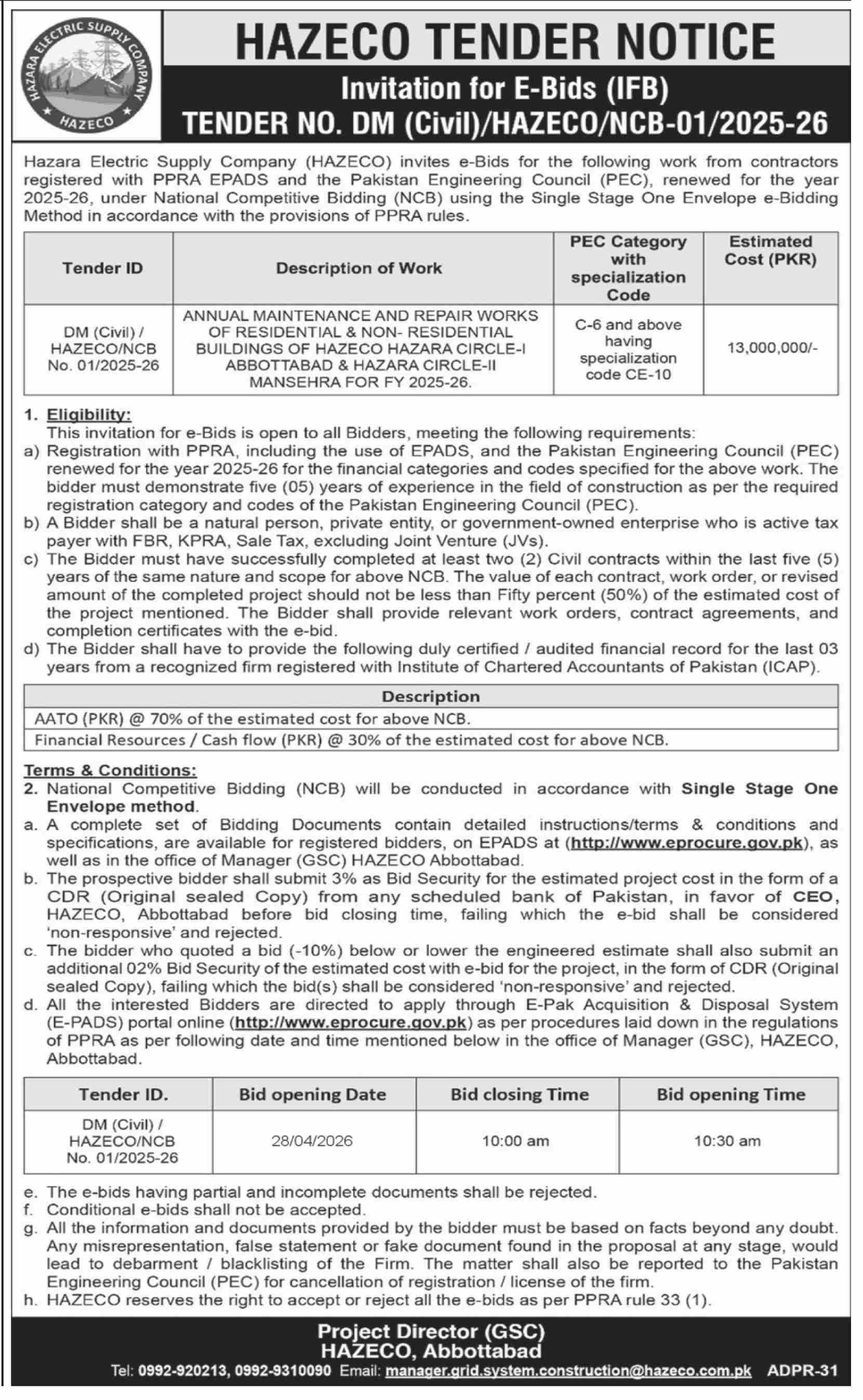 HAZECO TENDER NOTICE Invitation for E-Bids (IFB)