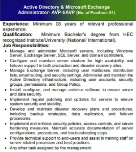 Active Directory & Microsoft Exchange Administrator – AVP-I/AVP - Islamabad