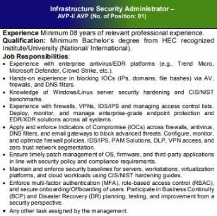 Infrastructure Security Administrator – AVP-I/ AVP - Islamabad