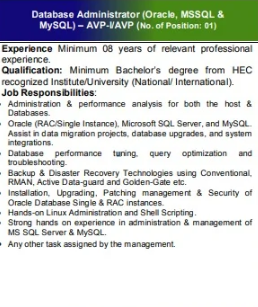 Database Administrator (Oracle, MSSQL & MySQL) – AVP-I/AVP - Islamabad