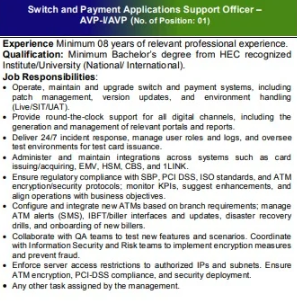 Switch and Payment Applications Support Officer – AVP-I/AVP - Islamabad