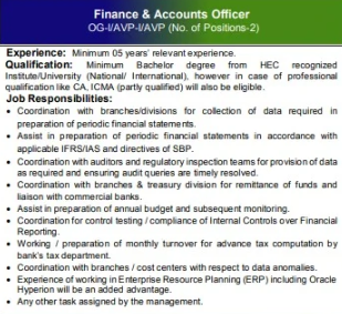 Finance & Accounts Officer OG-I/AVP-I/AVP - Islamabad
