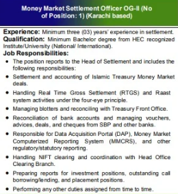 Money Market Settlement Officer OG-II - Karachi