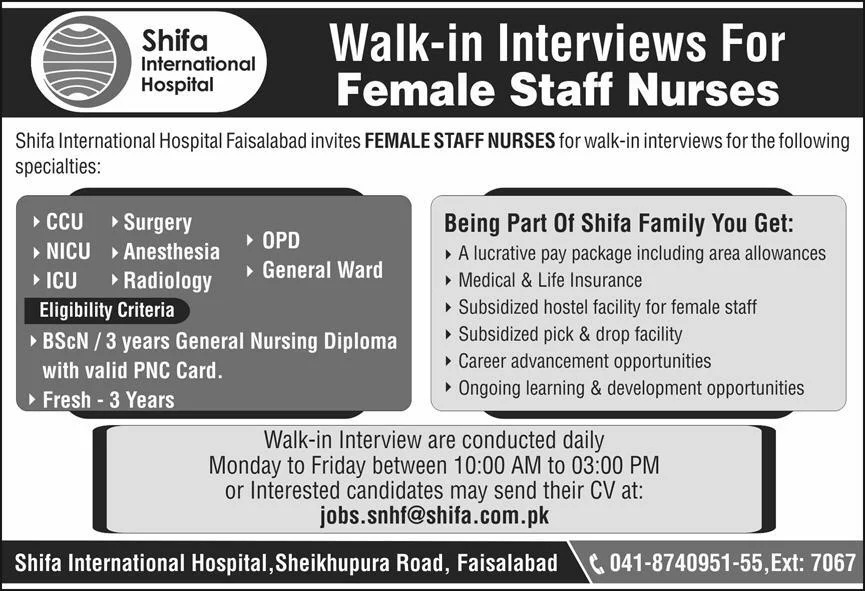 Female Staff Nurses - Walk-in Interviews - Faislabad