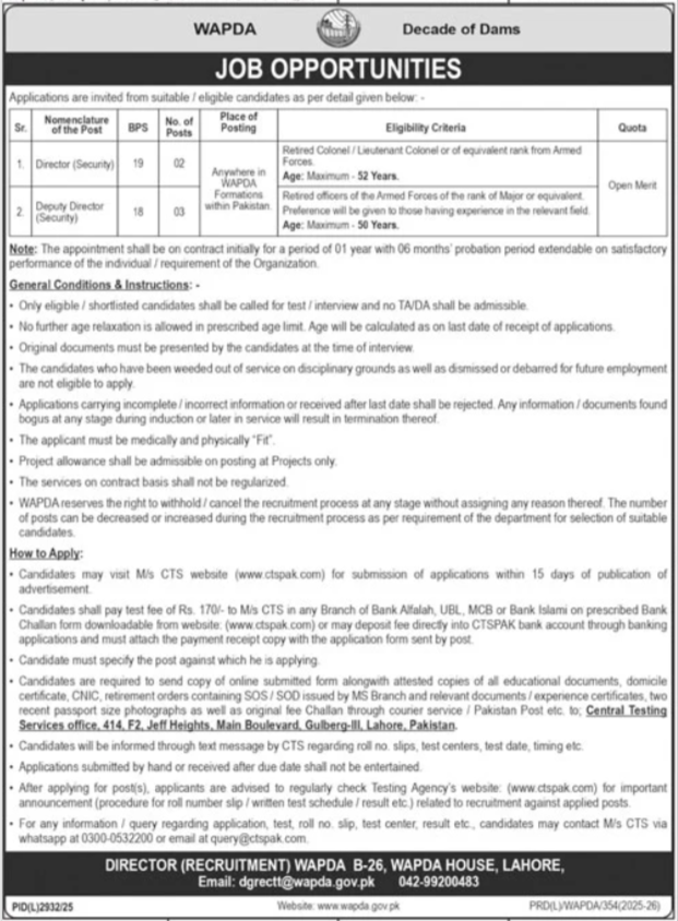 WAPDA Security Jobs - Director & Deputy Director - Lahore