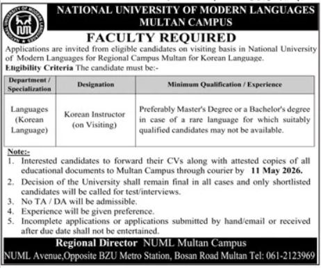 Korean Instructor (Visiting) - NUML Multan Campus - Multan