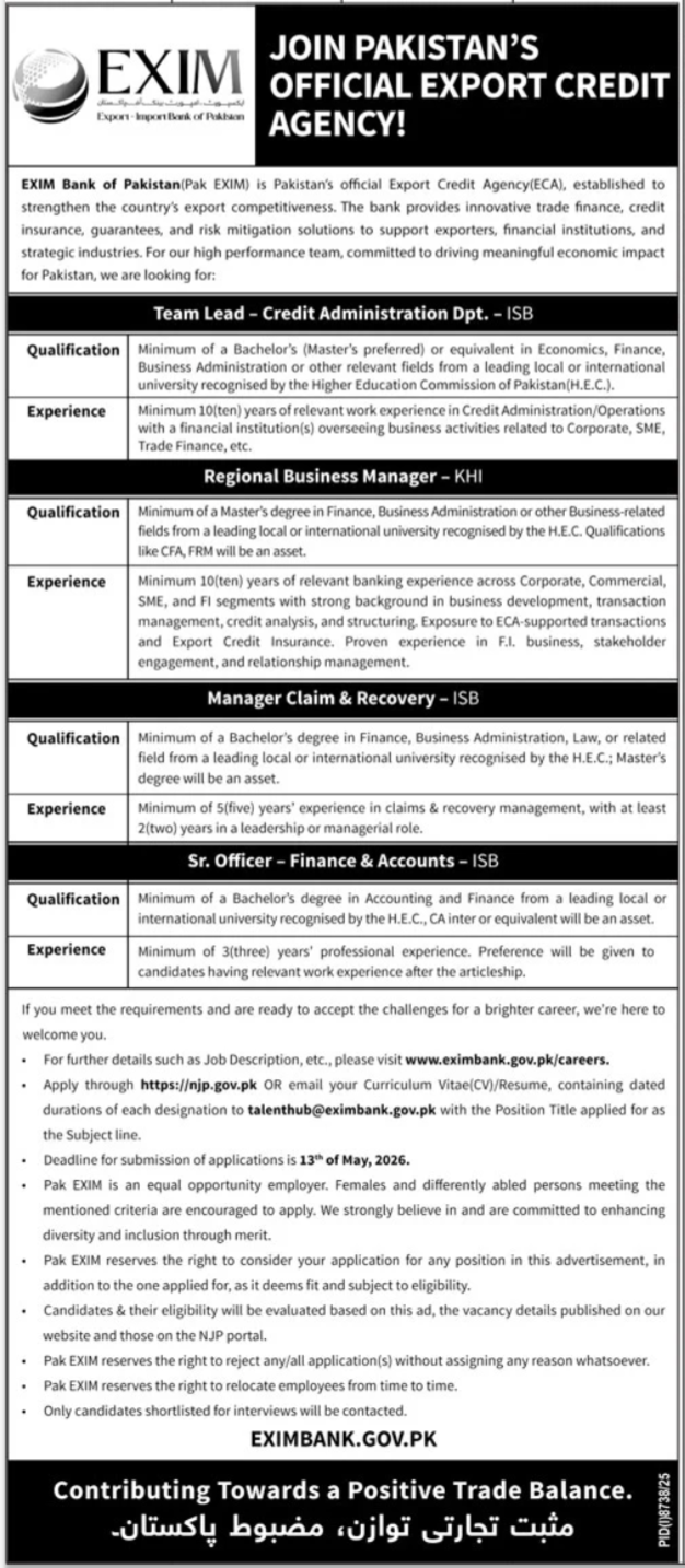 EXIM Bank of Pakistan Jobs 2026 - Team Lead, Regional Manager, Claim Manager, Sr Officer - Islamabad