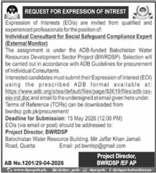 Individual Consultant - Social Safeguard Compliance Expert (External Monitor) - BWRDSP - Quetta