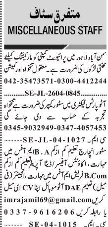 Multiple Staff Required - Miscellaneous Positions Lahore 2026 - Lahore