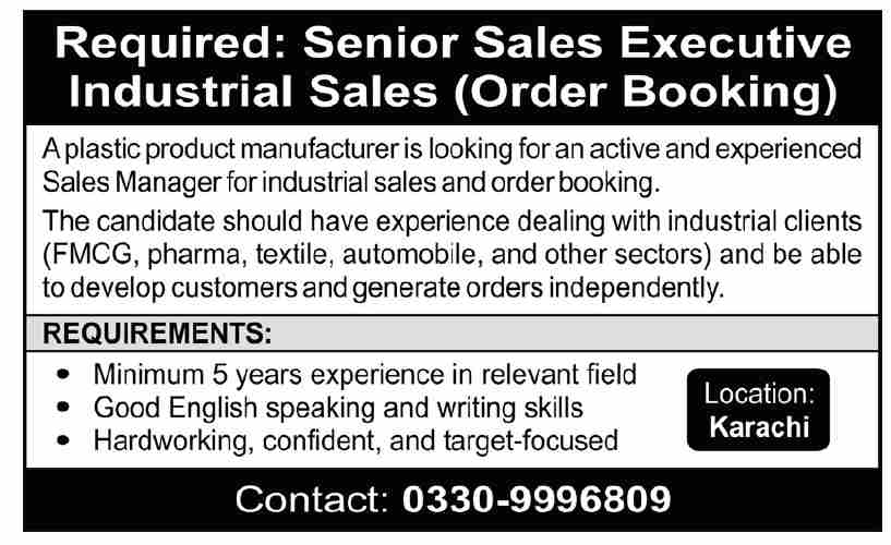 Senior Sales Executive Required - Industrial Sales Karachi 2026 - Karachi