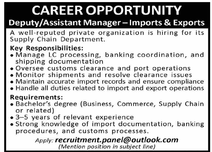 Deputy/Assistant Manager - Imports & Exports Required 2026 - Karachi