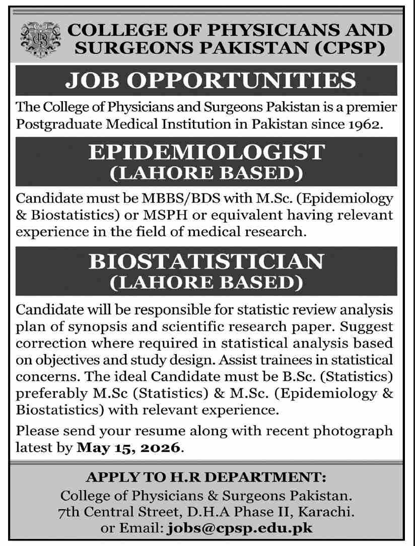 Epidemiologist & Biostatistician Required - CPSP Lahore 2026 - Lahore