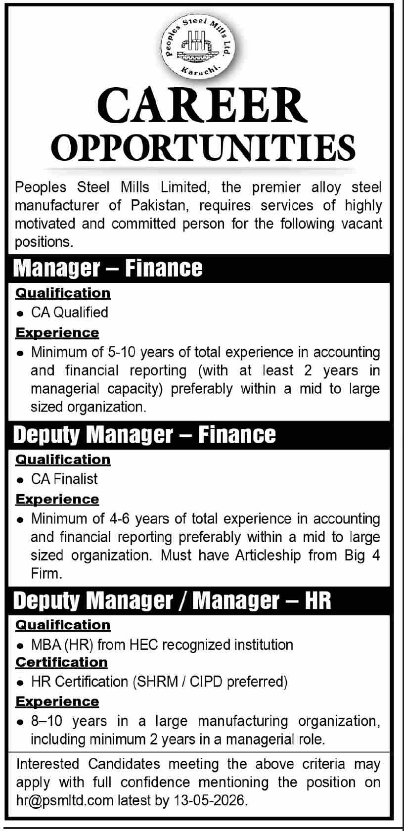 Manager Finance, Deputy Manager Finance & HR - Peoples Steel Mills Karachi 2026 - Karachi