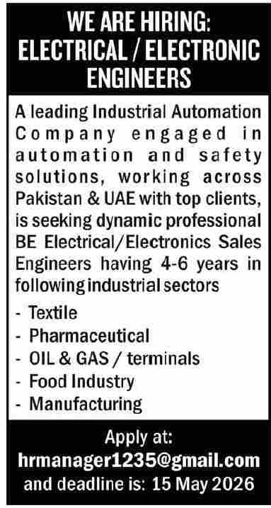 Electrical / Electronic Sales Engineers Required - Industrial Automation 2026 - Karachi