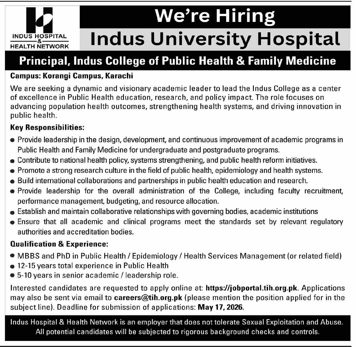 Principal - Indus College of Public Health & Family Medicine Karachi 2026 - Karachi