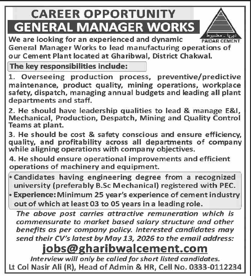General Manager Works Required - Paidar Cement Gharibwal Chakwal 2026 - Chakwal
