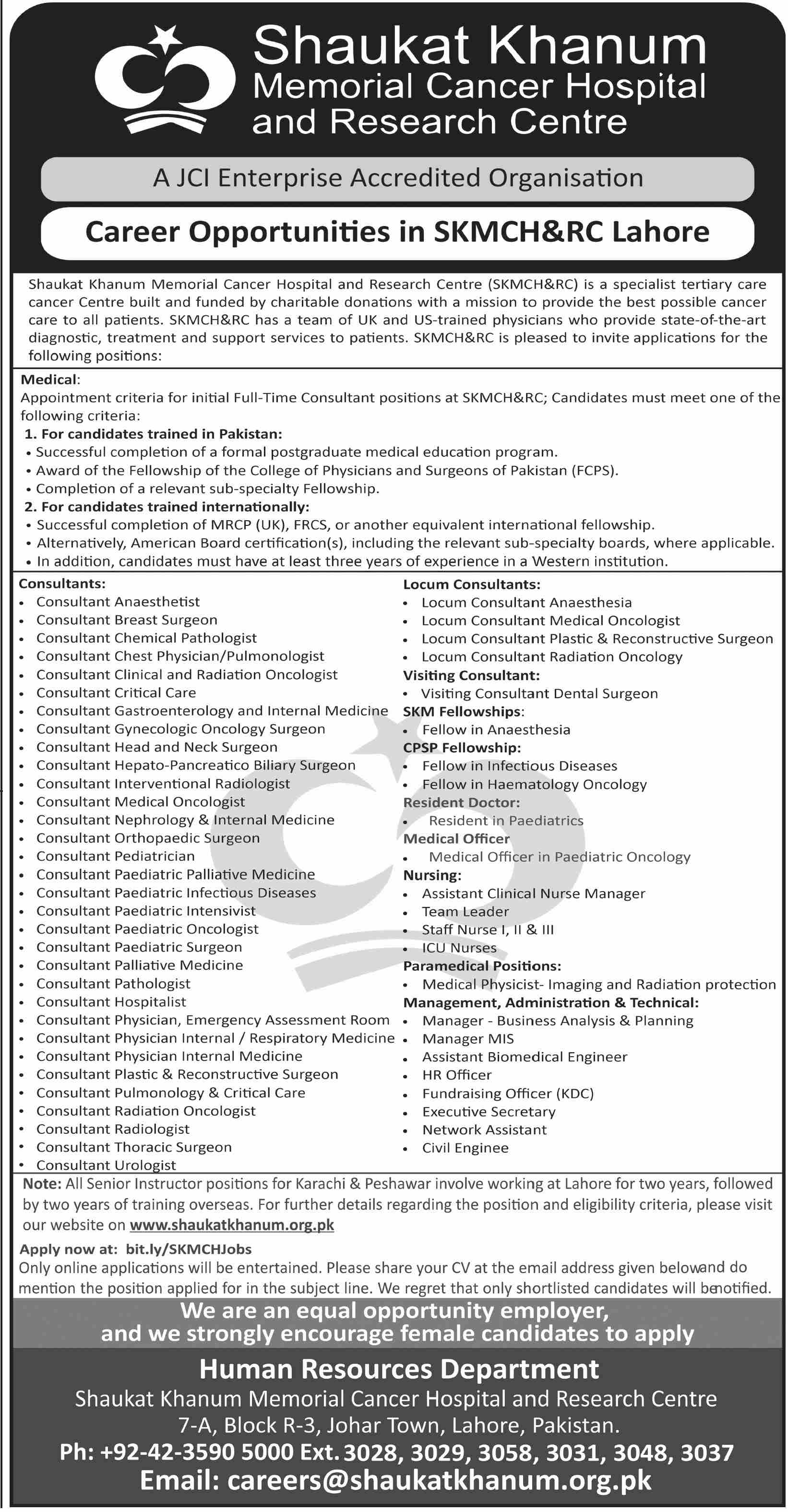 Multiple Consultant, Medical, Nursing & Admin Positions - SKMCH&RC Lahore 2026 - Lahore