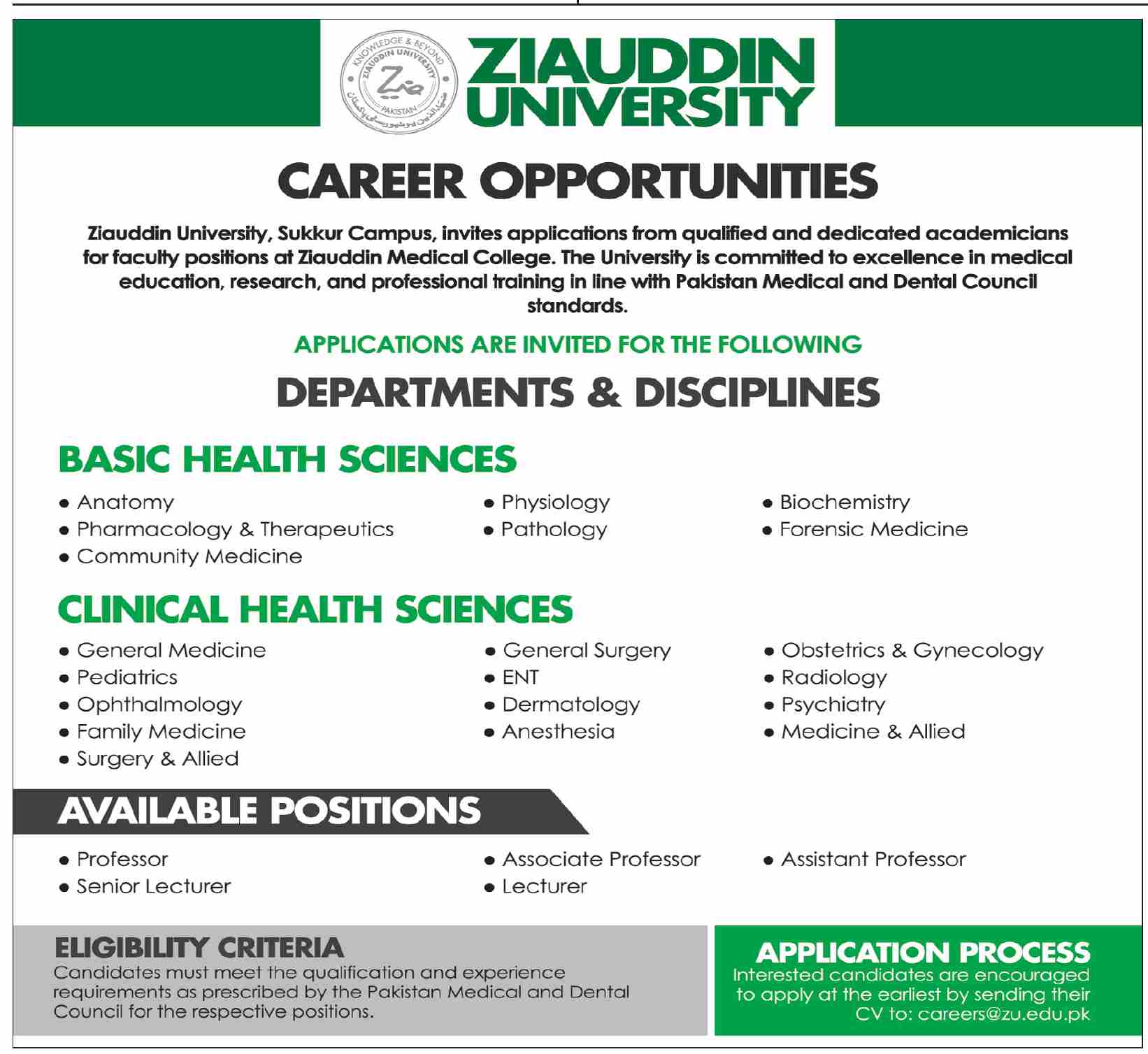 Faculty Positions - Professor to Lecturer - Ziauddin Medical College Sukkur 2026 - Sukkur