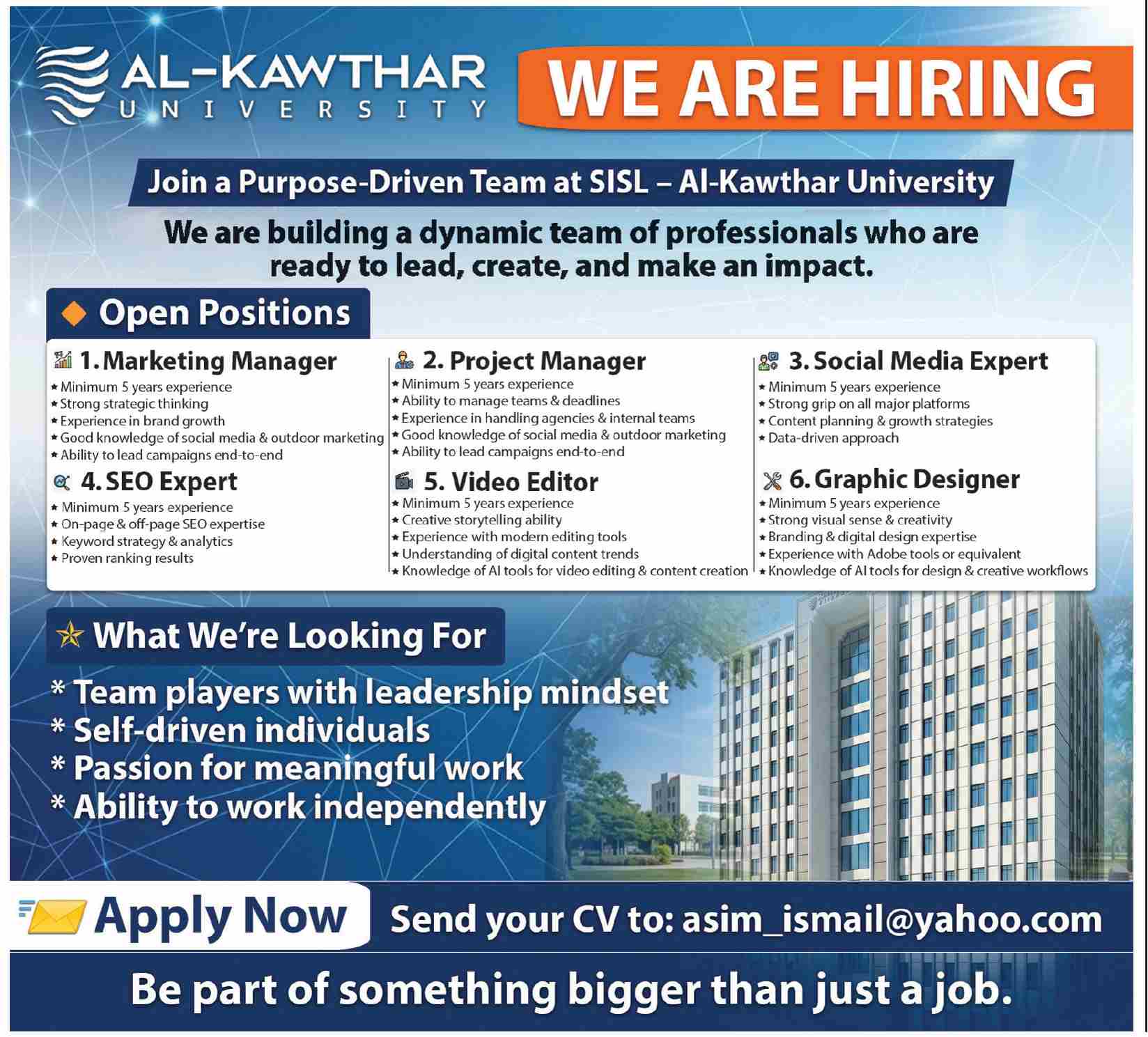 Marketing Manager, Project Manager, SEO Expert & Creative Team - Al-Kawthar University SISL 2026 - Karachi