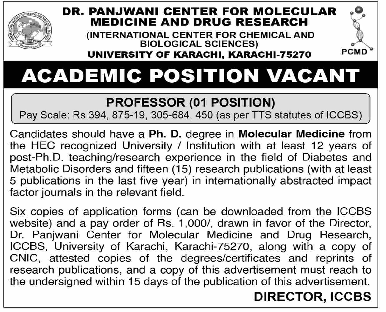 Professor Molecular Medicine - Dr. Panjwani Center ICCBS University of Karachi 2026 - Karachi