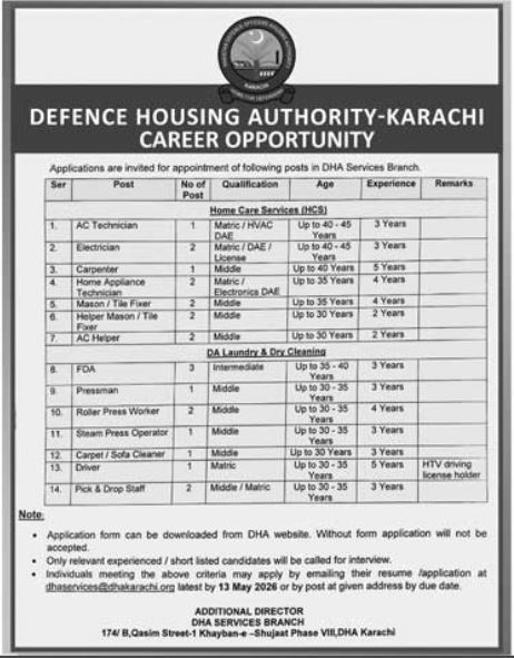 AC Technician to Pick & Drop Staff - 14 Positions DHA Services Branch Karachi 2026 - Karachi