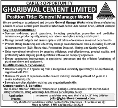 General Manager Works - Gharibwal Cement Limited Chakwal 2026 - Chakwal