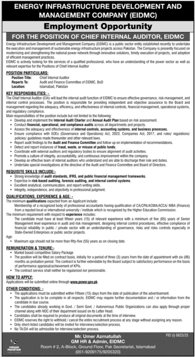 Chief Internal Auditor - Energy Infrastructure Development Management Company EIDMC Islamabad 2026 - Islamabad