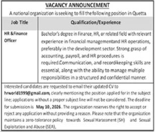 HR & Finance Officer - National Organization Quetta 2026 - Quetta