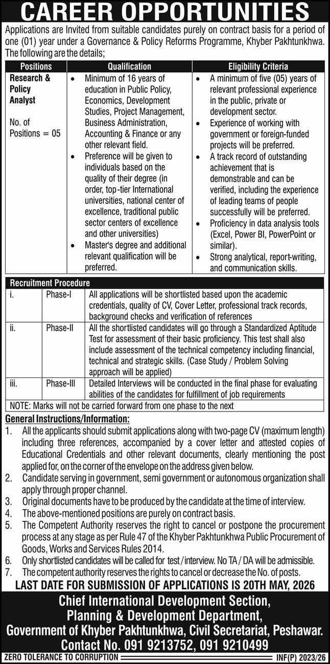Research & Policy Analyst - 05 Positions P&D Dept KPK 2026 - Peshawar