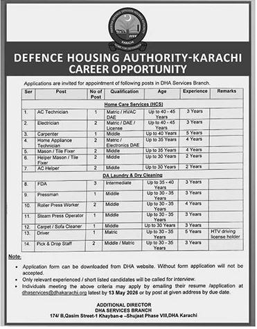 AC Tech, Electrician, Carpenter & Other Staff - DHA Karachi 2026 - Karachi