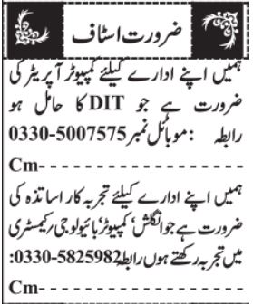 Computer Operator & Secretary - Office Staff 2026 - Lahore