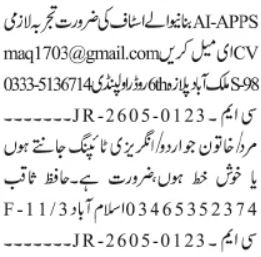 AI Apps Developer & Typist - Rawalpindi/Islamabad 2026 - Rawalpindi