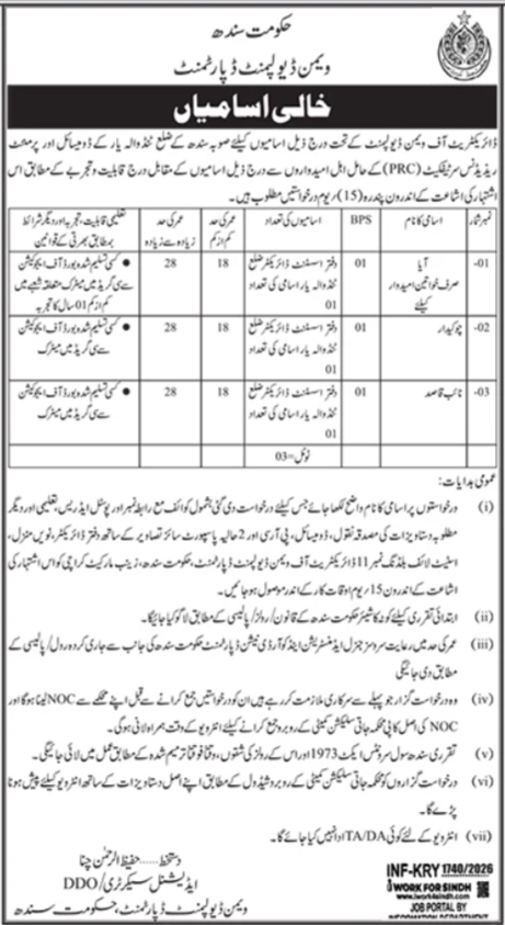 Multiple Posts BPS-01 - Women Development Department Sindh 2026 - Karachi