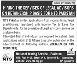 Legal Advisors on Retainership - NTS Pakistan 2026 - Islamabad
