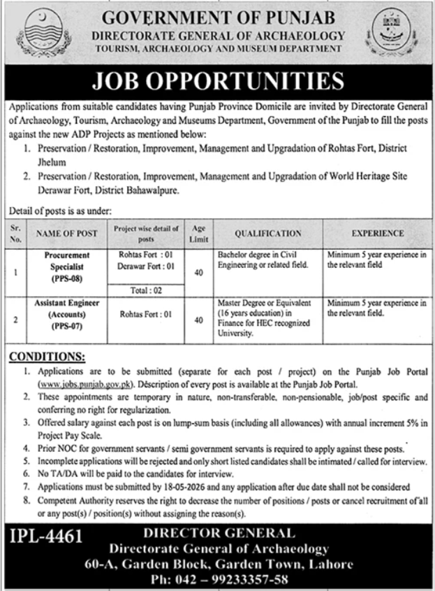 Procurement Specialist & Assistant Engineer Accounts - Directorate General Archaeology Punjab 2026 - Lahore
