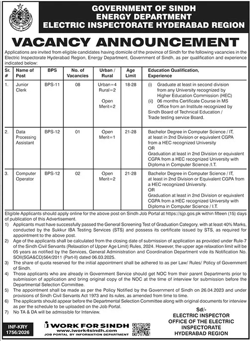 Junior Clerk, Data Processing Assistant & Computer Operator - Electric Inspectorate Hyderabad 2026 - Hyderabad