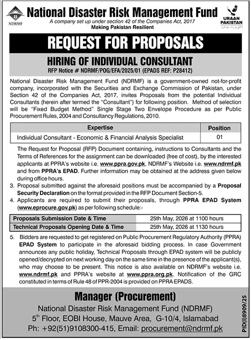Individual Consultant - Economic & Financial Analysis Specialist - NDRMF Islamabad 2026 - Islamabad