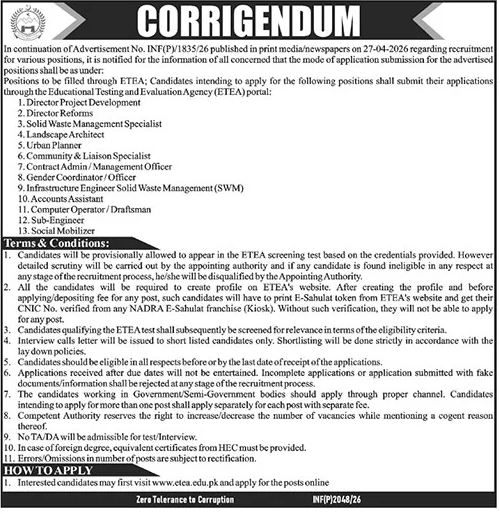 Multiple Posts - ETEA KPK Corrigendum 2026 - Peshawar