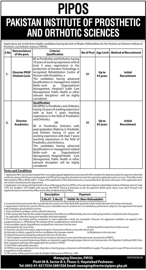Director PRSP Patient Care & Director Academics - PIPOS Peshawar 2026 - Peshawar