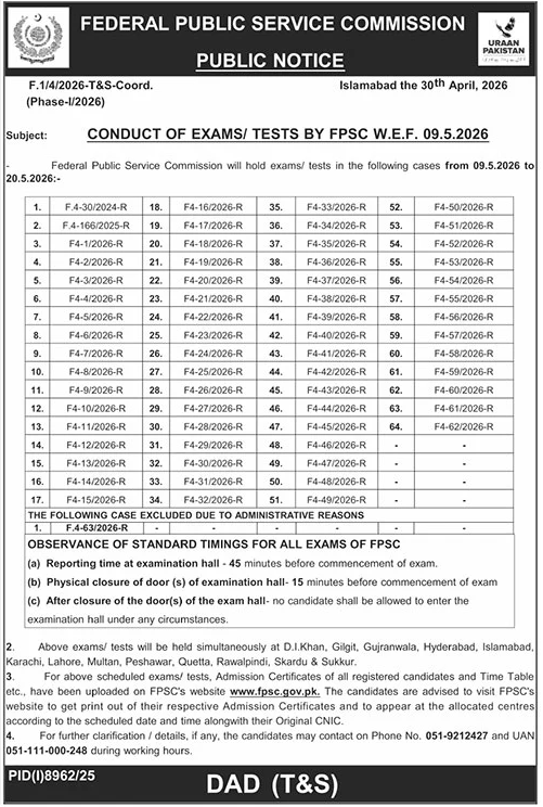 FPSC Exams/Tests Schedule 09.05.2026 to 20.05.2026 - Islamabad