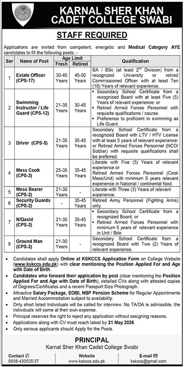 Multiple Staff Posts - Karnal Sher Khan Cadet College Swabi 2026 - Swabi