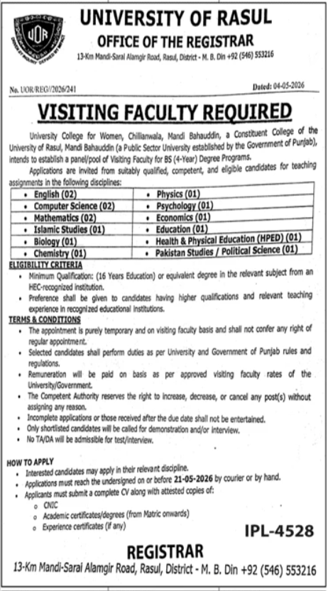 Visiting Faculty - University of Rasul Mandi Bahauddin 2026 - Mandi Bahauddin